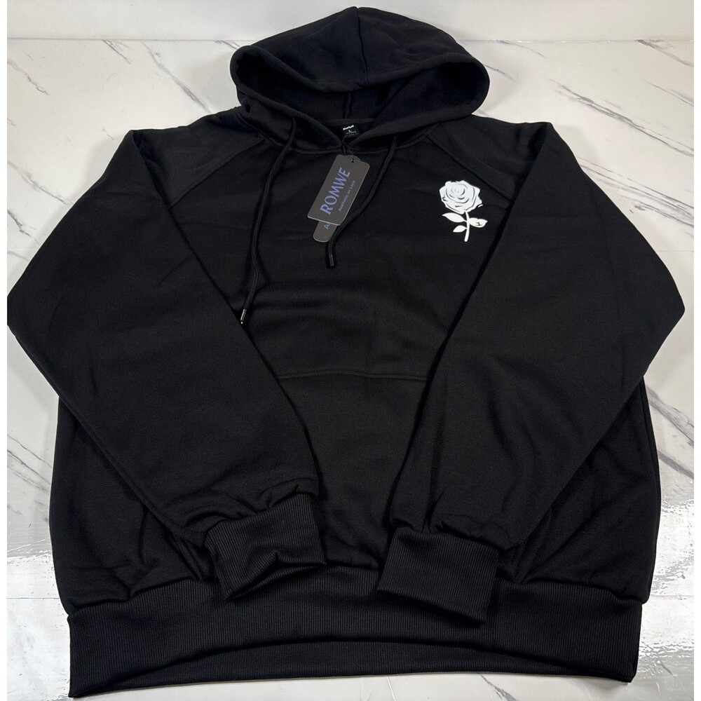Romwe Black Hoodie Drawstring Rose Size Large